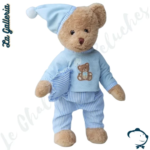 Peluche ours Célestin La Galleria pyjama bleu avec coussin