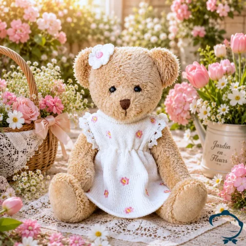 Peluche ours Cylia La Galleria avec robe blanche fleurie et fleur assortie à l’oreille