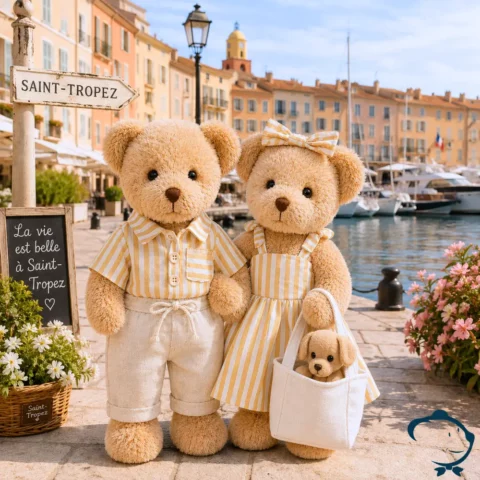 Peluche ours La Galleria tenue rayée orange inspirée de Saint-Tropez