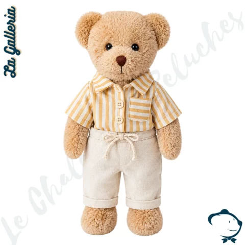Peluche ours George La Galleria tenue rayée orange inspirée de Saint-Tropez