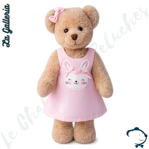 Peluche ours Lila La Galleria avec robe rose et motif lapin