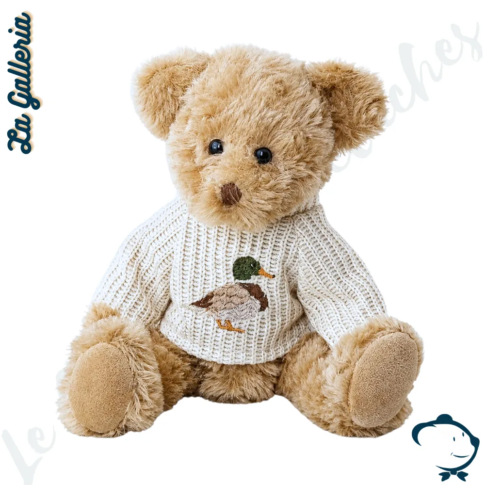 Peluche ours Oscar La Galleria avec pull canard brodé