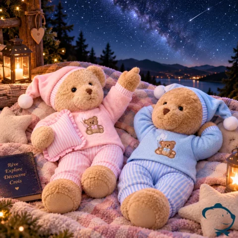 Peluche ours Rosalie & Celestin La Galleria pyjama avec coussin