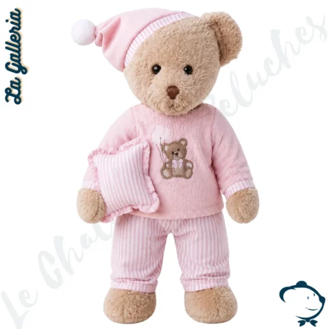 Peluche ours Rosalie La Galleria pyjama rose avec coussin