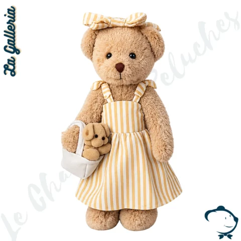 Peluche ours Stephanie La Galleria robe rayée orange avec sac et petit chien en peluche