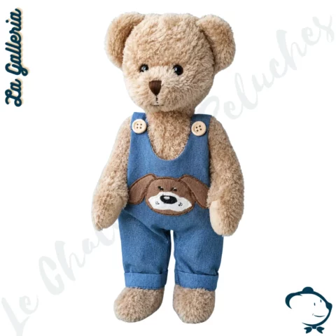 Peluche ours Hugo La Galleria avec salopette bleue et motif chien