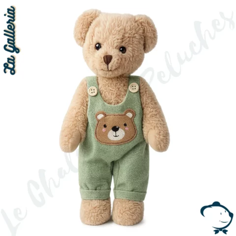Peluche ours Tom La Galleria avec salopette verte et motif ours