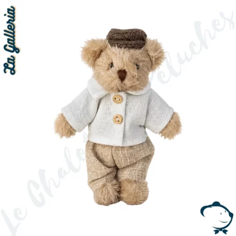 Peluche ours Achille La Galleria 15 cm tenue vintage beige et blanc