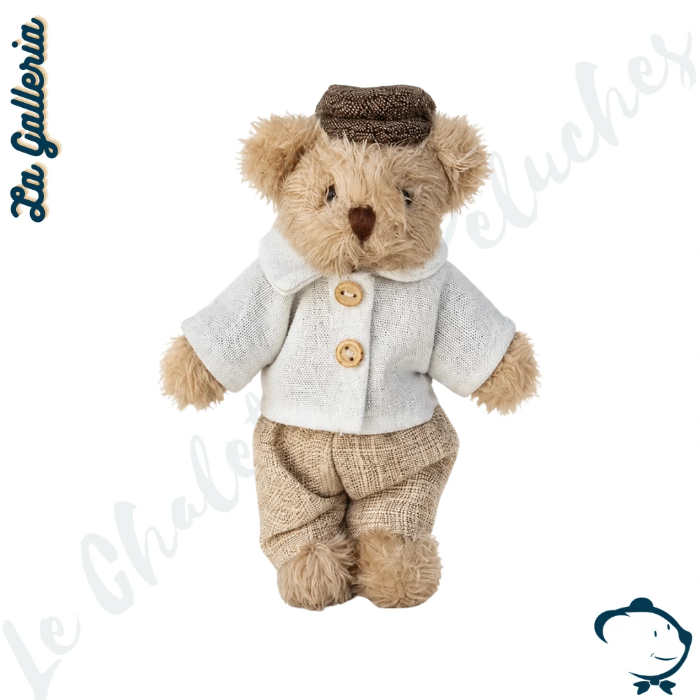 Peluche ours Achille La Galleria 15 cm tenue vintage beige et blanc
