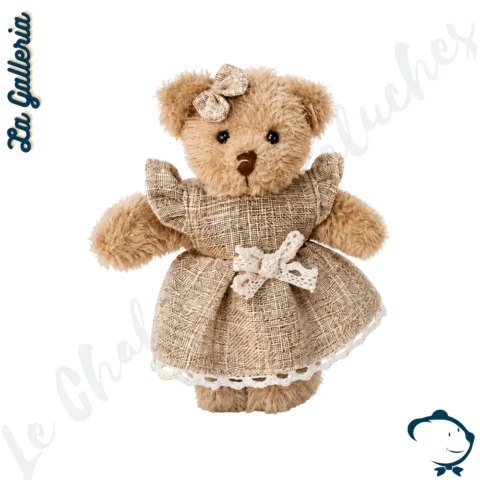 Peluche ours Bertille La Galleria 15 cm robe beige brodée avec nœud assorti