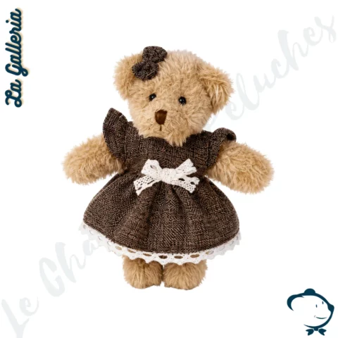 Peluche ours Colette La Galleria 15 cm robe marron brodée avec nœud assorti