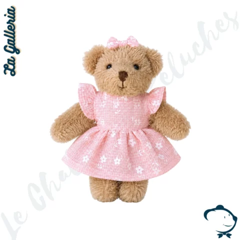 Mini peluche ours Émie La Galleria 15 cm robe rose fleurie avec nœud assorti