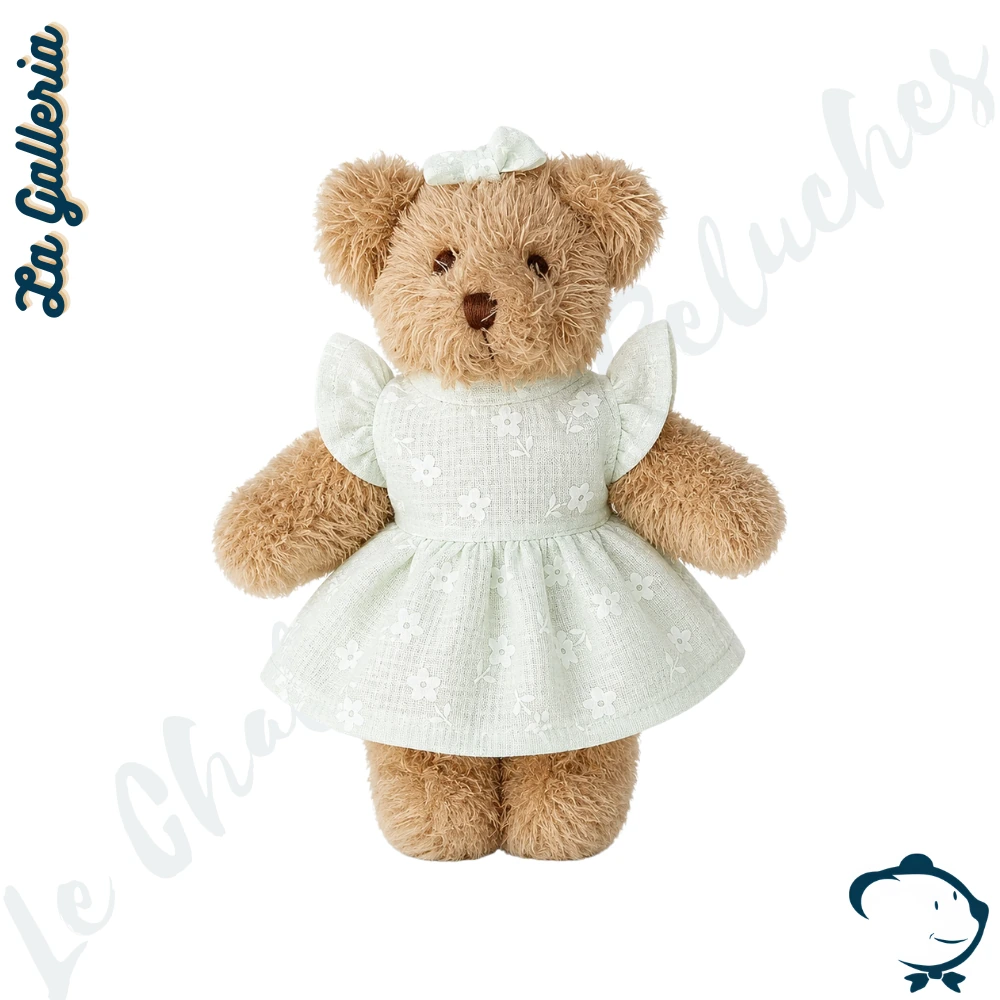 Mini peluche ours Maëlie La Galleria 15 cm robe menthe pâle fleurie avec nœud assorti