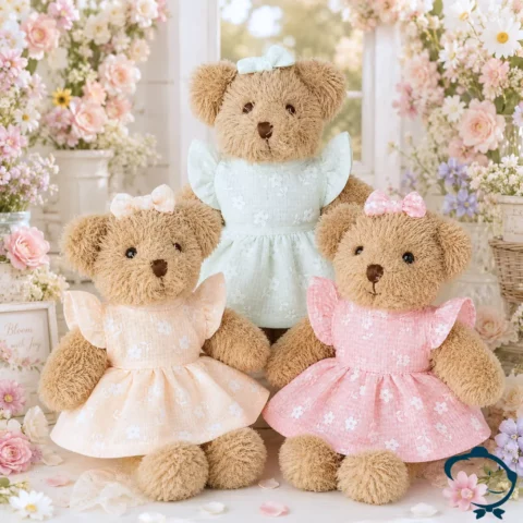 Mini peluche ours Émie, Soline & Maëlie La Galleria 15 cm robe fleurie avec nœud assorti