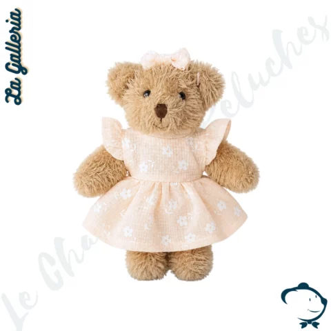 Mini peluche ours Soline La Galleria 15 cm robe orange pâle fleurie avec nœud assorti