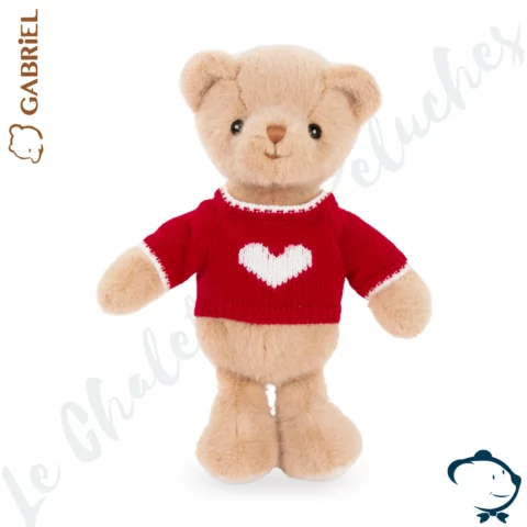 Peluche ours Fodil Gabriel 25 cm avec pull rouge et cœur blanc