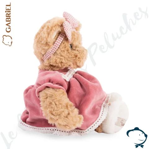 Peluche ours Julia Gabriel 28 cm avec robe rose à dentelle