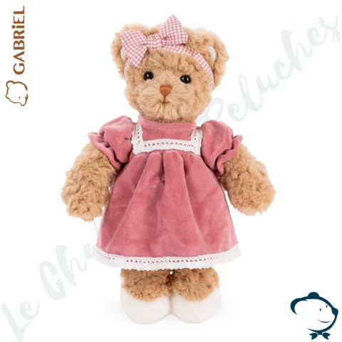 Peluche ours Julia Gabriel 28 cm avec robe rose à dentelle