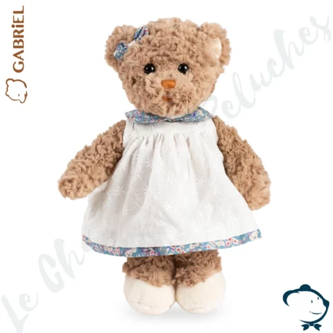 Peluche ours Maya Gabriel 28 cm avec robe blanche à fleurs