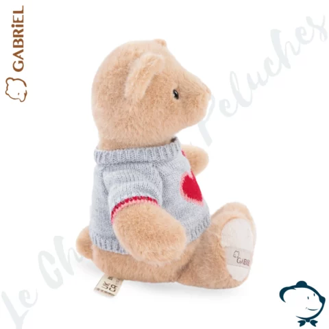 Peluche ours Neuveux Gabriel 25 cm avec pull gris et cœur rouge