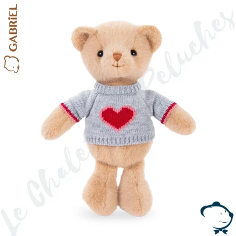 Peluche ours Neuveux Gabriel 25 cm avec pull gris et cœur rouge