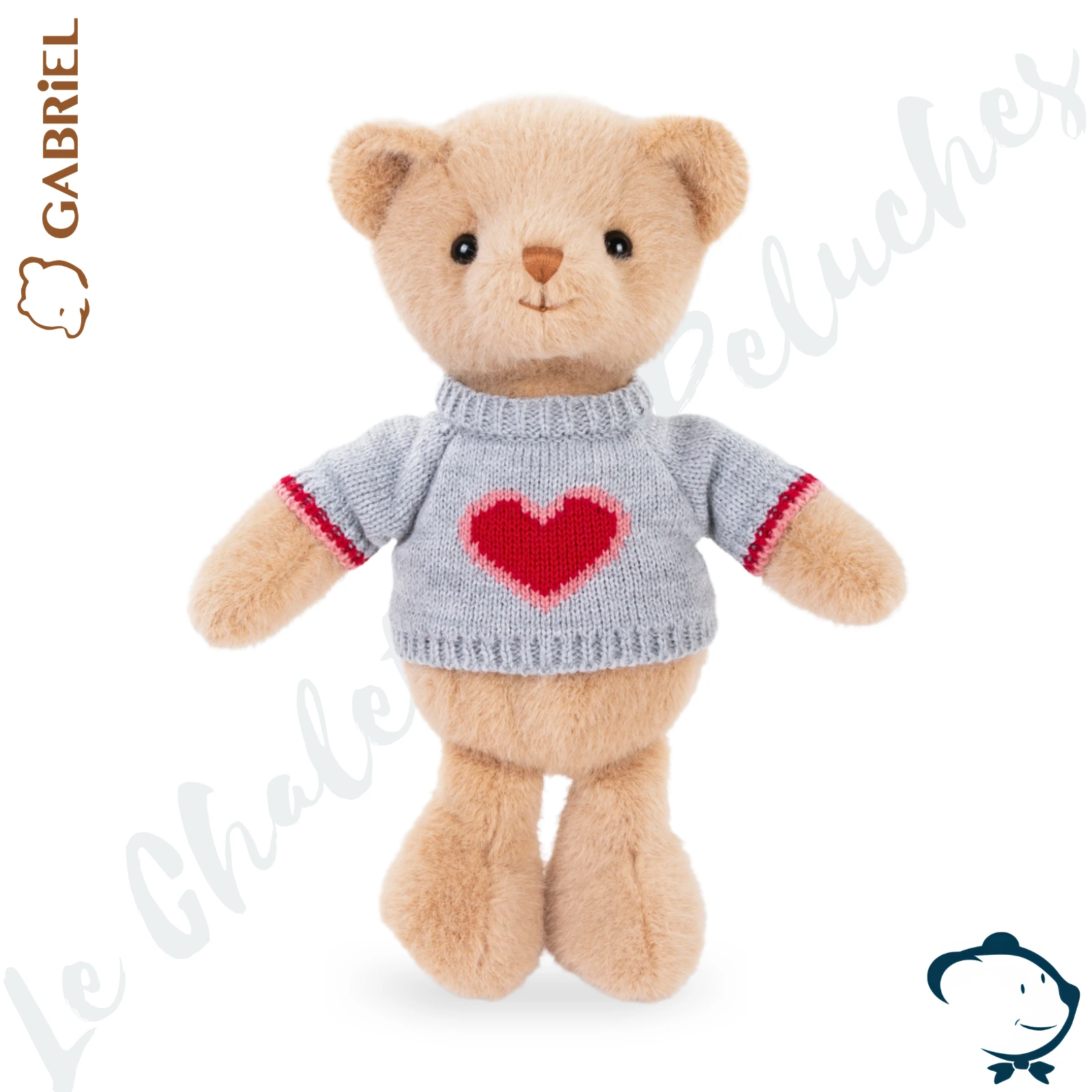 Peluche ours Neuveux Gabriel 25 cm avec pull gris et cœur rouge
