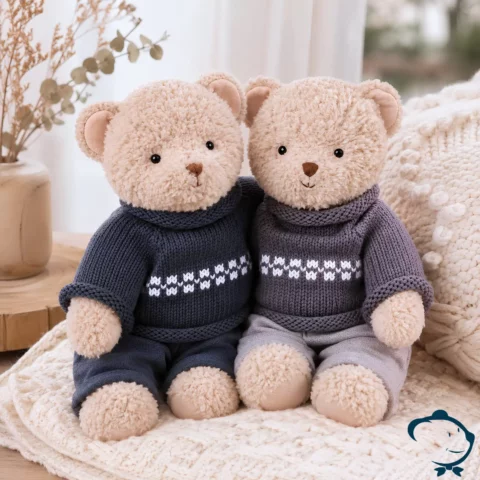 Ours en peluche articulé Charming Gabriel Bukowski 30 cm au pelage beige crème avec pull en maille.