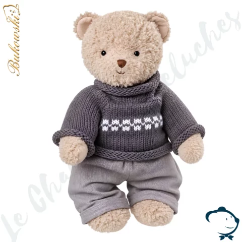 Ours en peluche articulé Charming Gabriel Bukowski 30 cm au pelage beige crème avec pull gris ardoise.