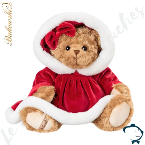 Peluche ours de Noël Fanny X-Mas Bukowski 40 cm en robe rouge bordée de fourrure blanche, édition Collector.