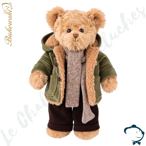 Peluche ours Liam Bukowski 35 cm au pelage miel, avec veste kaki fourrée, écharpe beige et pantalon brun.