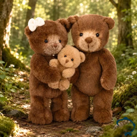 Peluche ours Mama & Teddy & ranger Bukowski 30 cm, maman ours brune avec nœud blanc tenant son petit ours dans les bras.