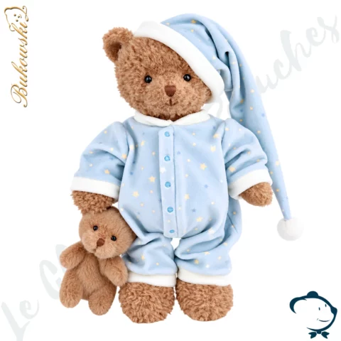Peluche ours Sleepy Hugo Bukowski 25 cm en pyjama bleu étoilé, avec bonnet de nuit et petit teddy doudou.