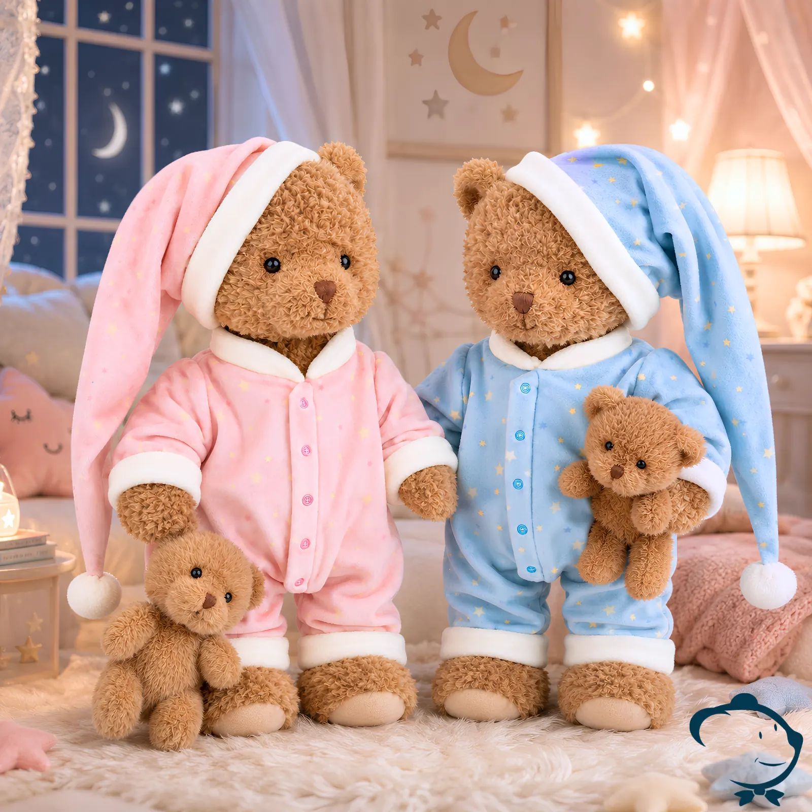 Peluche ours Sleepy Selma & Hugo Bukowski 25 cm en pyjama étoilé, avec bonnet de nuit et petit teddy doudou.
