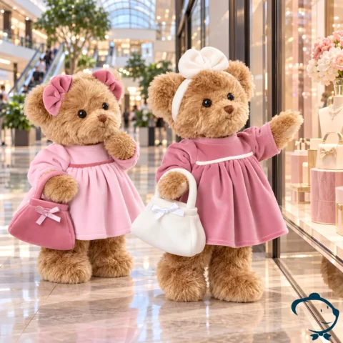 Peluche ours Beautiful Ellen Bukowski 25 cm disponible en rose poudré et vieux rose avec ivoire, avec robe et petit sac assorti.