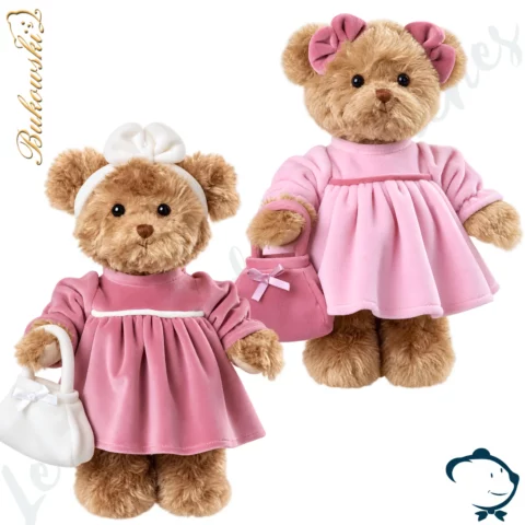 Peluche ours Beautiful Ellen Bukowski 25 cm disponible en rose poudré et vieux rose avec ivoire, avec robe et petit sac assorti.