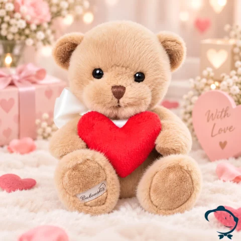 Peluche ours My Love Bukowski 18 cm au pelage beige miel tenant un grand cœur rouge.