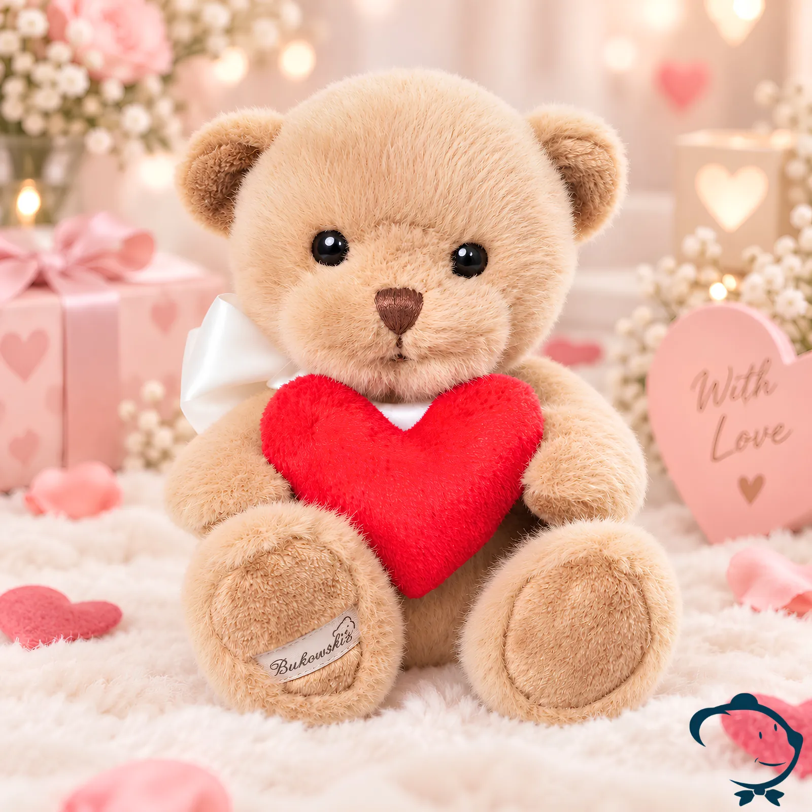 Peluche ours My Love Bukowski 18 cm au pelage beige miel tenant un grand cœur rouge.