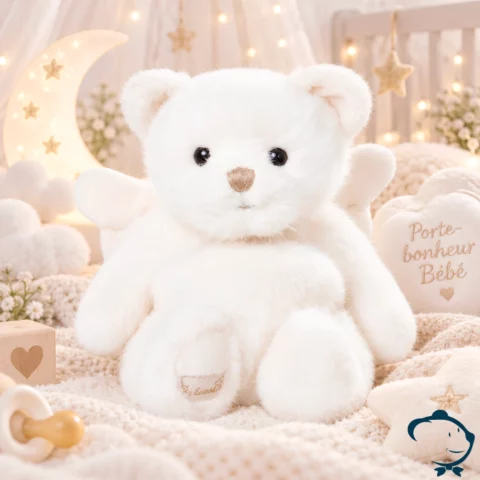 Peluche ours ange Gabriel Bukowski 18 cm au pelage blanc avec ailes blanches, petit porte-bonheur.