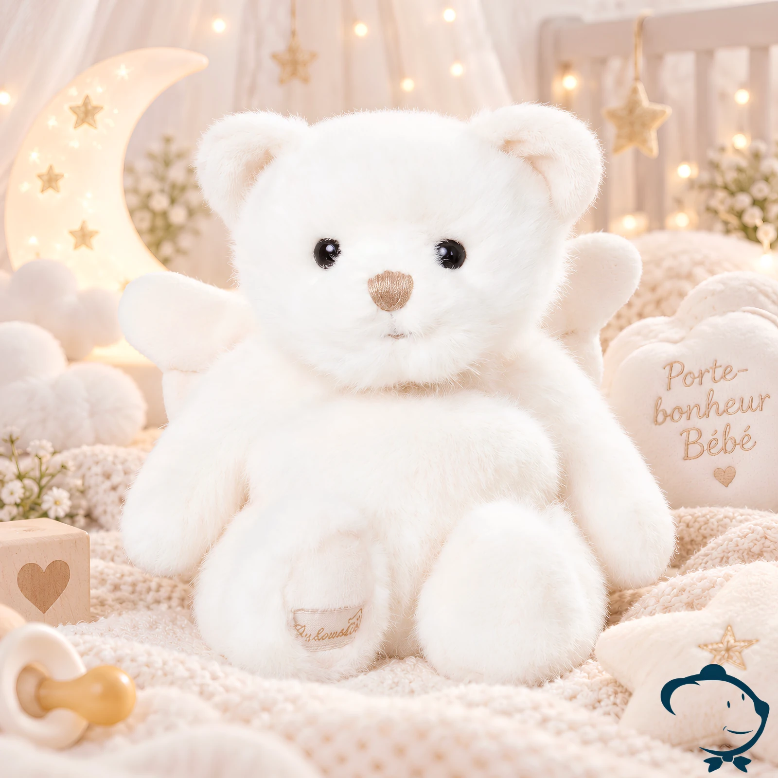 Peluche ours ange Gabriel Bukowski 18 cm au pelage blanc avec ailes blanches, petit porte-bonheur.
