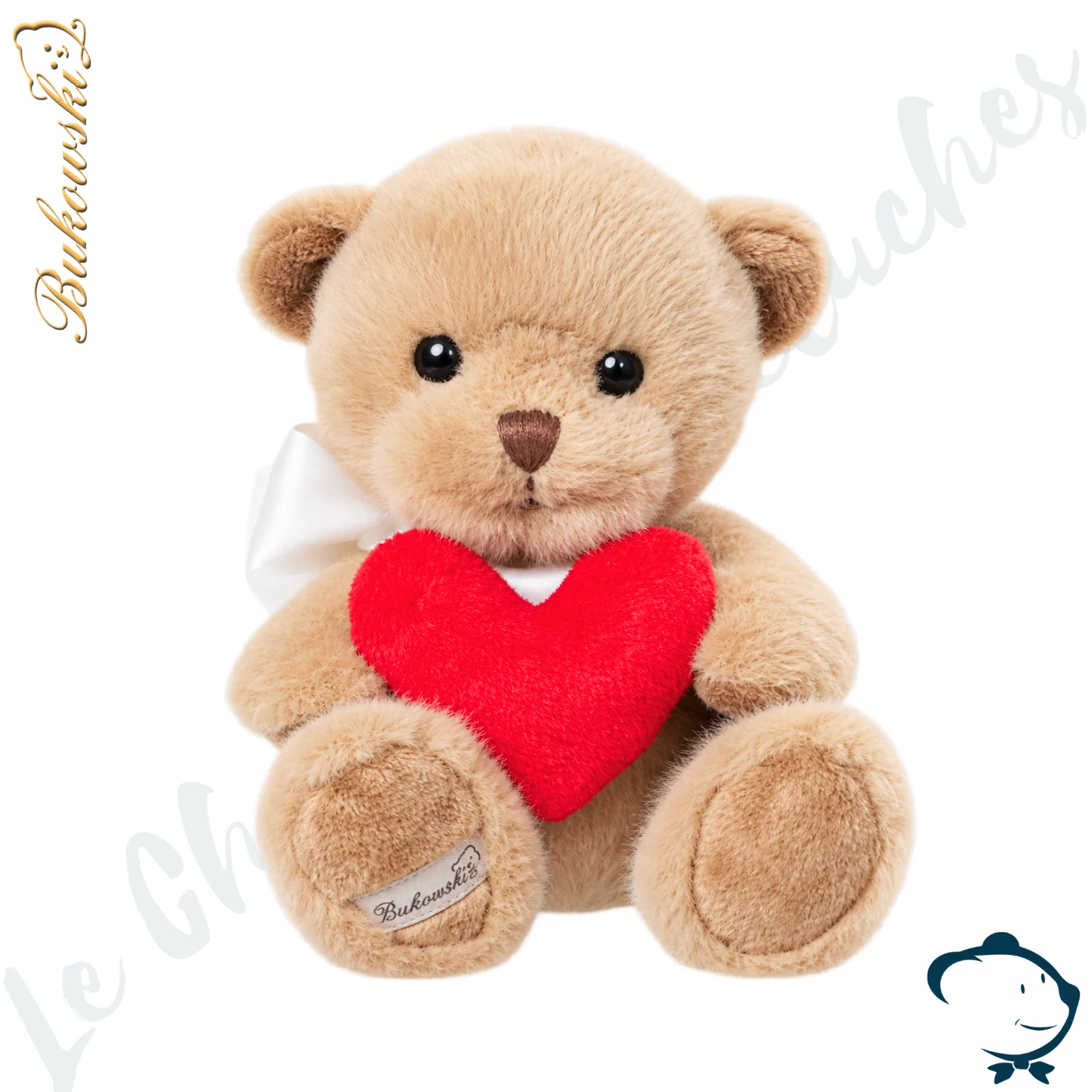 Peluche ours My Love Bukowski 18 cm au pelage beige miel tenant un grand cœur rouge.