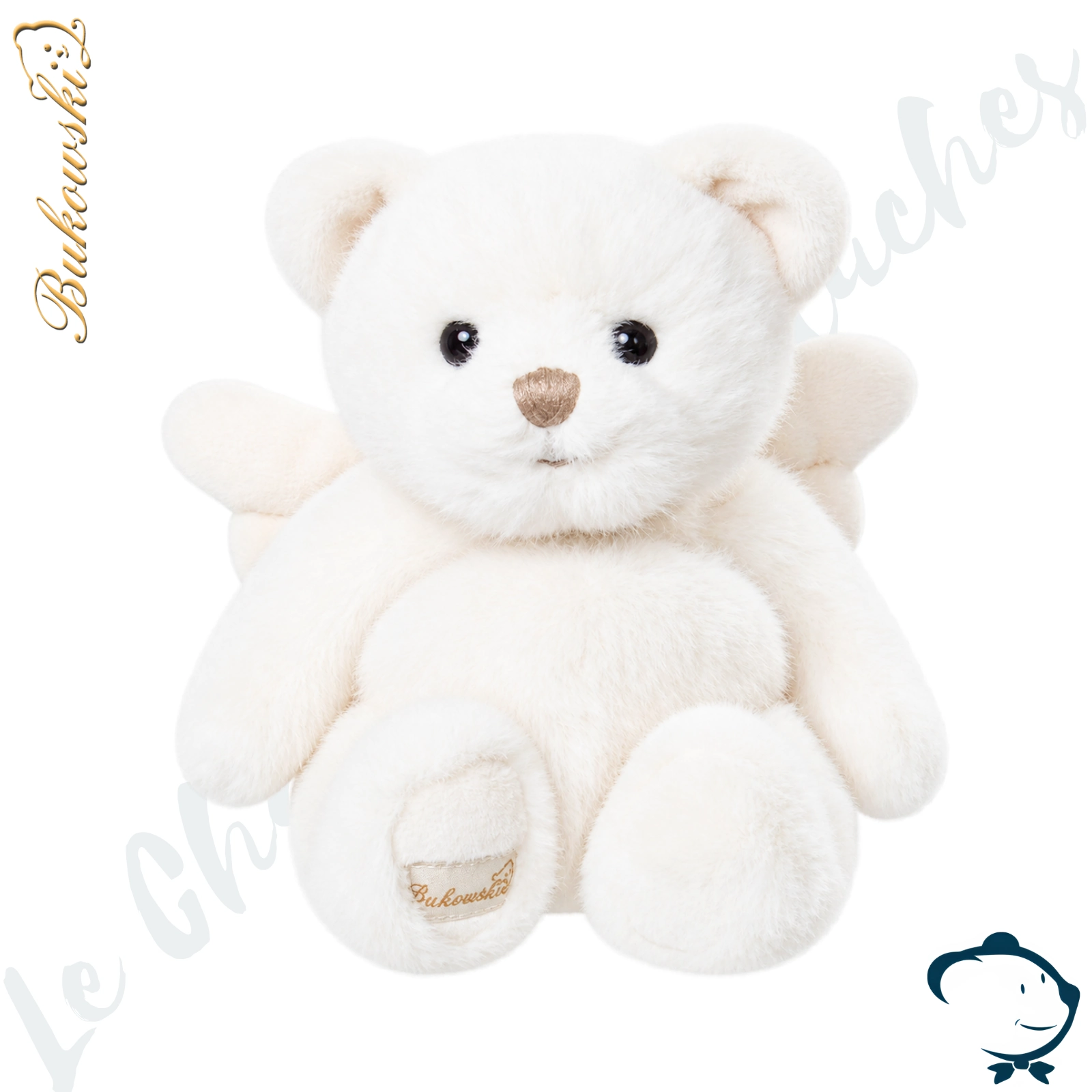 Peluche ours ange Gabriel Bukowski 18 cm au pelage blanc avec ailes blanches, petit porte-bonheur.