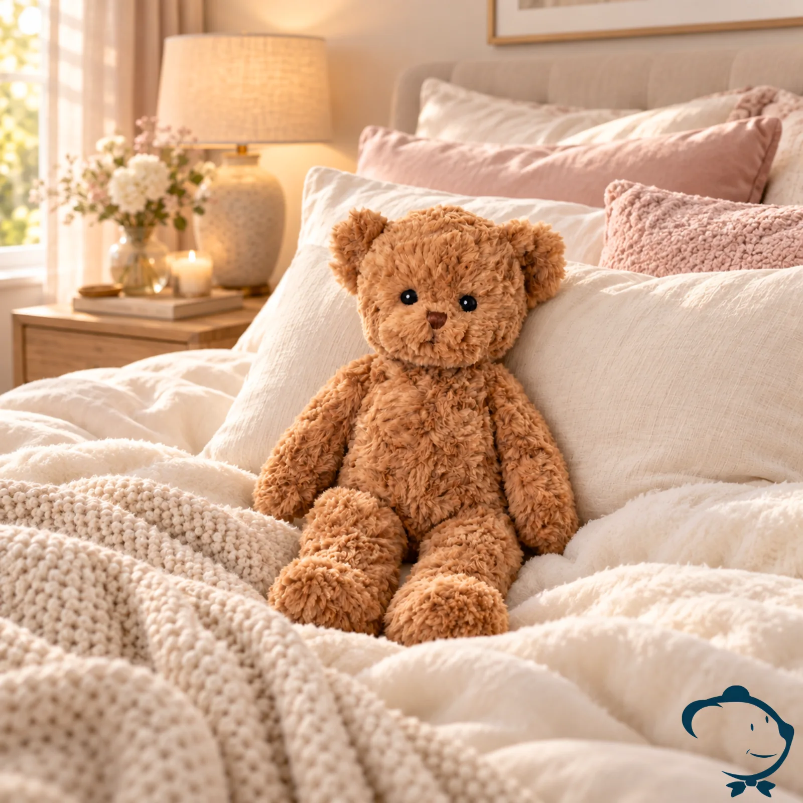 Peluche ours Happy Mavi Bukowski 35 cm au pelage miel bouclé et doux.