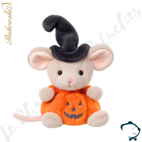 Peluche souris Mousy Pumpkin Bukowski 15 cm dans une citrouille orange avec chapeau de sorcière noir.