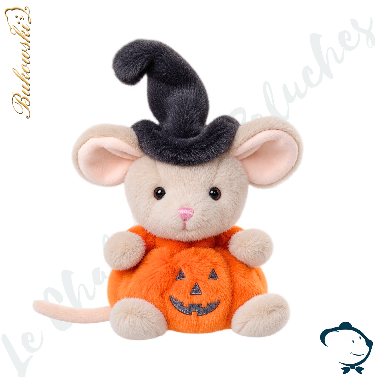 Peluche souris Mousy Pumpkin Bukowski 15 cm dans une citrouille orange avec chapeau de sorcière noir.