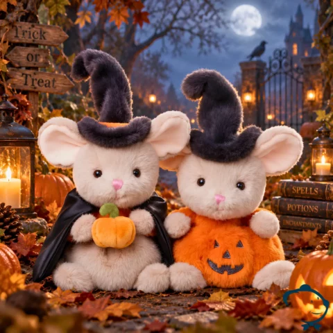 Peluche souris Mousy Pumpkin Bukowski 15 cm dans une citrouille orange avec chapeau de sorcière noir.