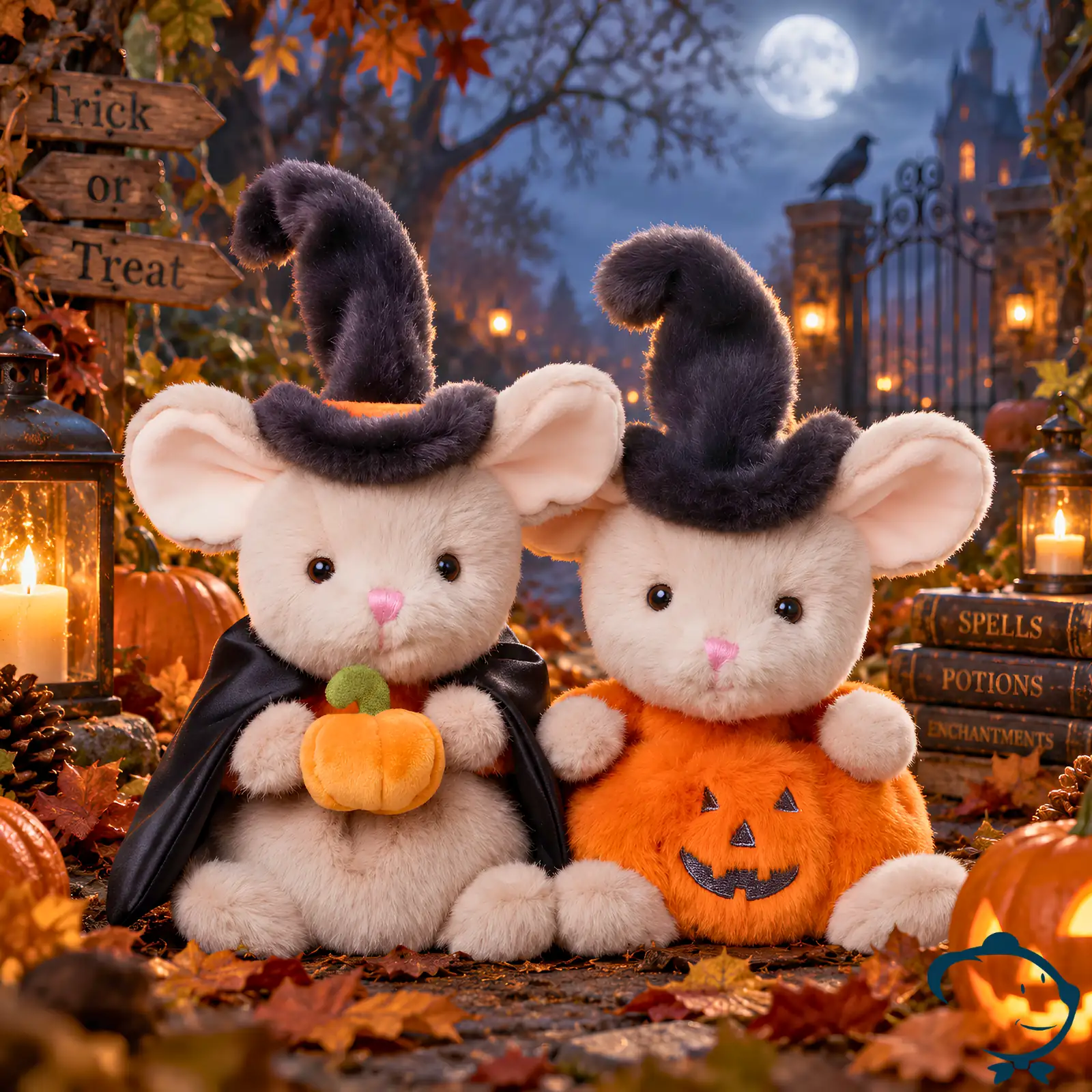 Peluche souris Mousy Pumpkin Bukowski 15 cm dans une citrouille orange avec chapeau de sorcière noir.