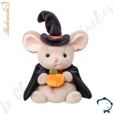 Peluche souris Mousy Witch Bukowski 15 cm avec chapeau de sorcière noir, cape et petite citrouille orange.