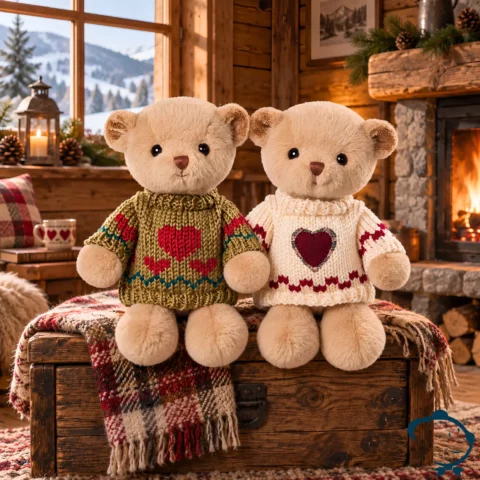 Peluche ours My Sweetheart Bukowski 18 cm avec pull en maille à motif cœur, disponible en coloris olive et écru.