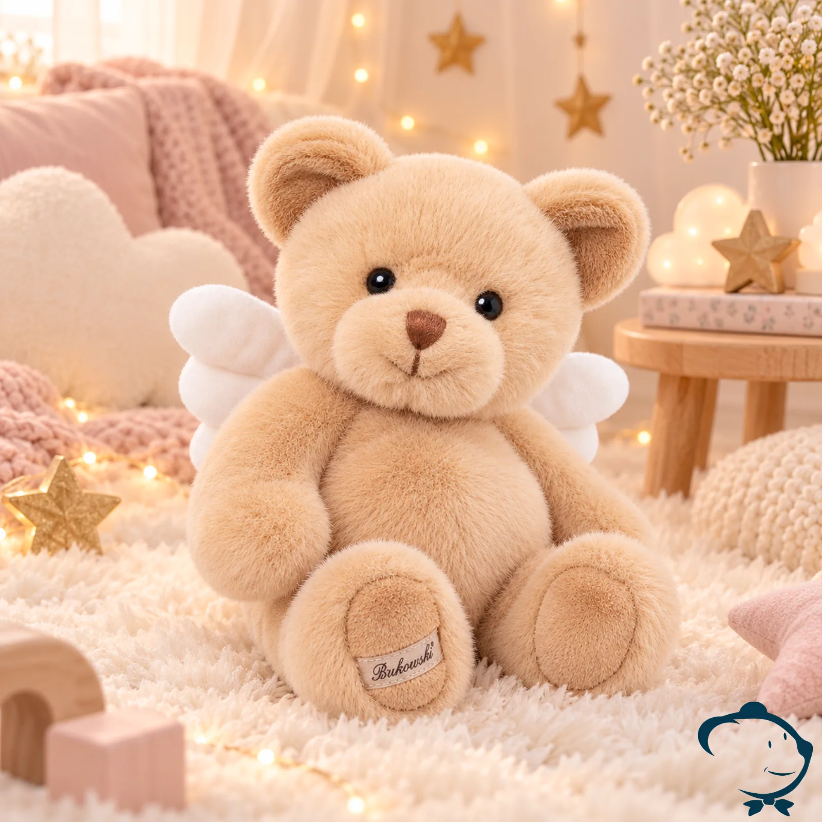 Peluche ours ange Rafael Bukowski 18 cm au pelage beige miel avec ailes blanches.