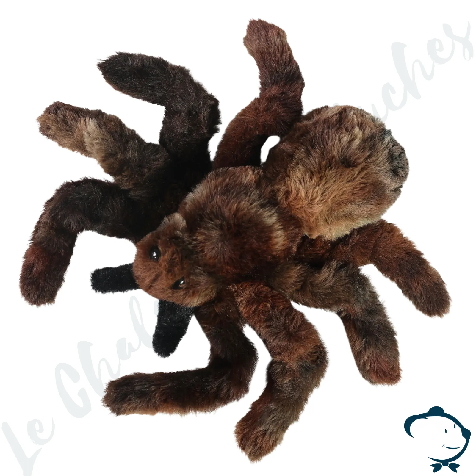 Peluche araignée Rappa de 20 cm, au pelage noir et marron.